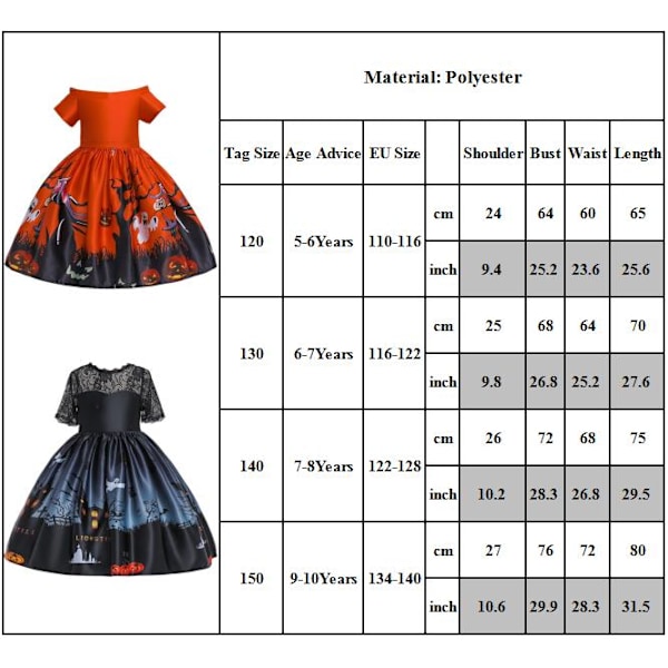 Halloween-kjole for jenter, heks-cosplaykostyme, prinsessekjole, oransje rød 120 cm, svart Black 150 cm