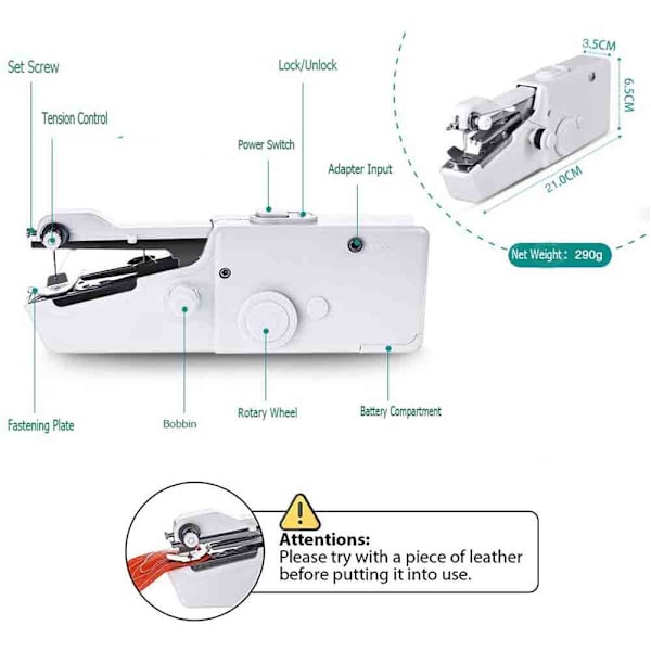 Håndholdt symaskin, trådløs elektrisk, hvit