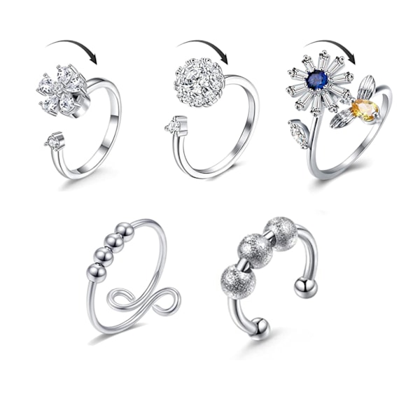 5-pack blommig fidget-ringset med zirkonblommor, pärlor, roterbar, justerbar, öppen fidget-ringset för kvinnor