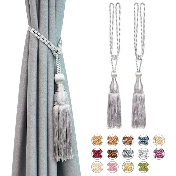 Set of 2 Mesh with Tassels and Hand Braided Rope Curtain Ties Draping Decorative (Silver Gray)