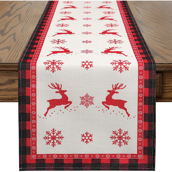 Heyone Christmas Tree Sale Deer Deer Table Runner, 72 Inch Long Red and Black Buffalo Plaid Plaid Burlap Table Runner