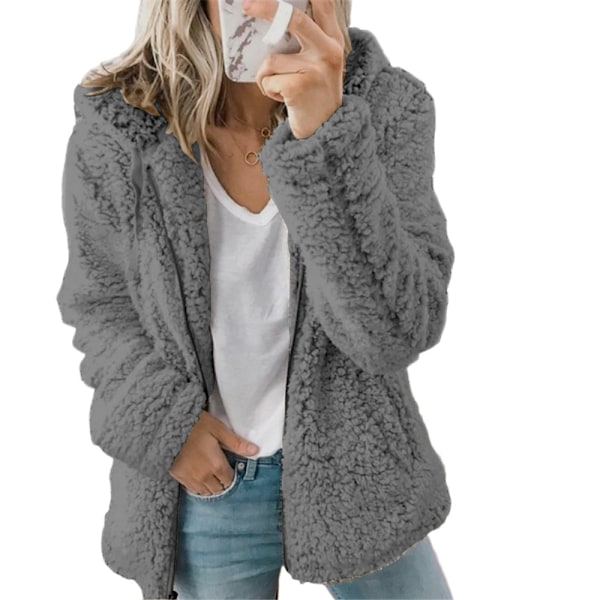 Dam Fleece Fluffig Huva Långärmad Jacka Vinter Varm Teddybjörn Cardigan Mörkgrå Dark Gray 4XL