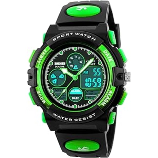 Digital Kid's Watch LED Outdoor Sports 50M vattentäta klockor Pojkar Analog Quartz Armbandsur med Alarm - Grön