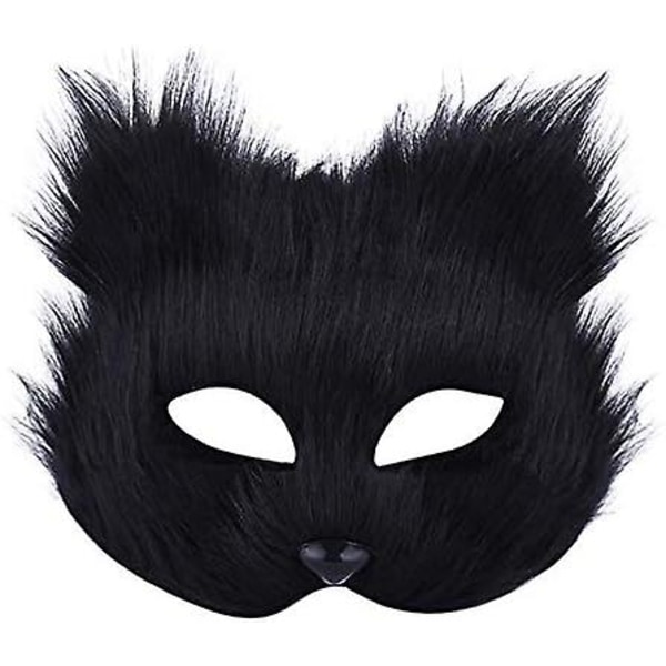 Plush Katt-Rev Maske, Therian Maske, Realistiske Kattmasker, Halv Ansikt Dyremaske, Pels Party Kattmaske Maskerademaske, Cosplay Kostyme Black