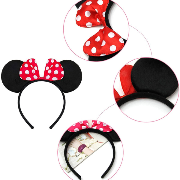 12 Mickey og Minnie Mouse-hodebånd, museøre-hodebånd, for maskeradeball, bursdag, festkveld, tegneserieklubb (rød og svart)