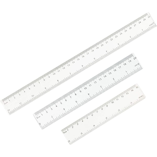 Set of 3 straight rulers - clear plastic 6", 8", 12" measurement acc.