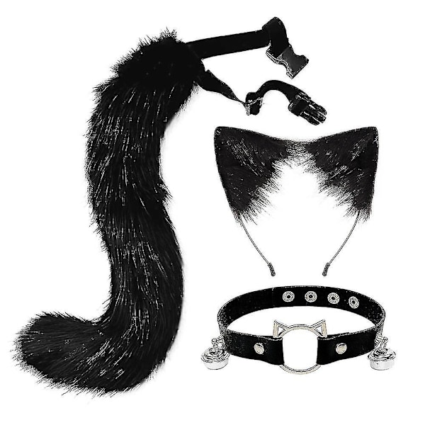 Fluffy Cat Ears Fox Tail Klokkesmykke Halskje Sett Halloween Party Tilbehør Lolita Simulering Pels Plysj Hodeplagg Cosplay Rekvisitter Black