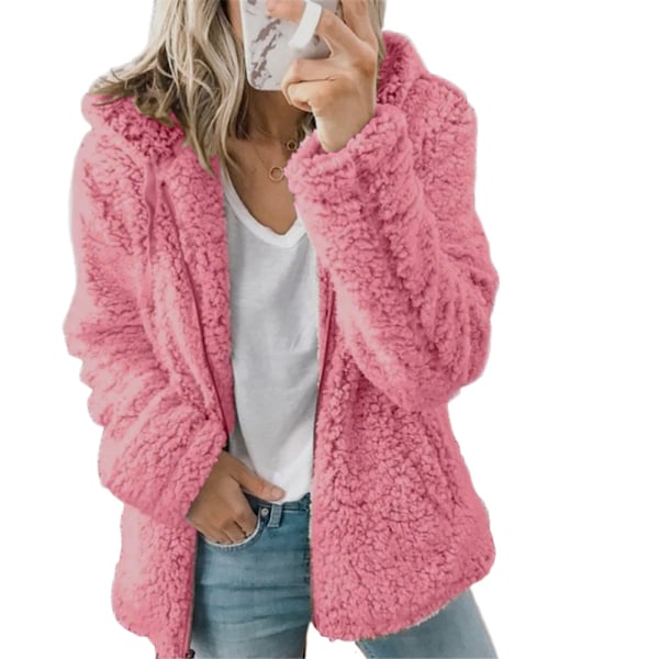 Dam Fleece Fluffig Huva Långärmad Jacka Vinter Varm Teddybjörn Cardigan Rosa Pink L