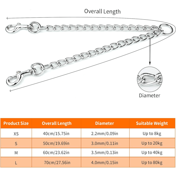 Dobbel hundekobbel (M-3,5mm*60cm) Dobbel hundestålkjede 2-veis kromkjede Krommetall 2 hunder Treningssikkerhetskobbel