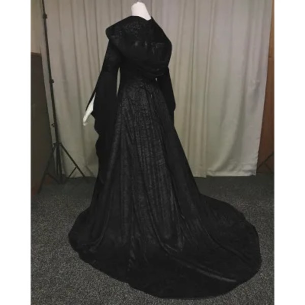 Middelalderlig retro gotisk hættetrøje Hekse lang kjole Luksus festkjole til kvinder Cosplay Vampyr Halloween Voksen kostume sort black L