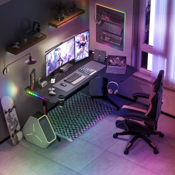 Wisfor datorspelbord, RGB, L Shape hörnskrivbord 160 cm x 100 cm med 6 färger 8 lägen, lätt och hållbar hörlurskrok och mugghållare, höger R