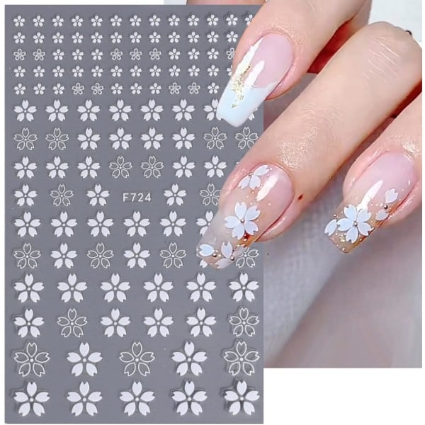 Blomster Nail Art Stickers Negle Dekaler til Kvinder 3D Selvhæftende Negle Dekorationer Mode Hvide Blomster Kirsebærblomster Gardenia Negle 8 Ark