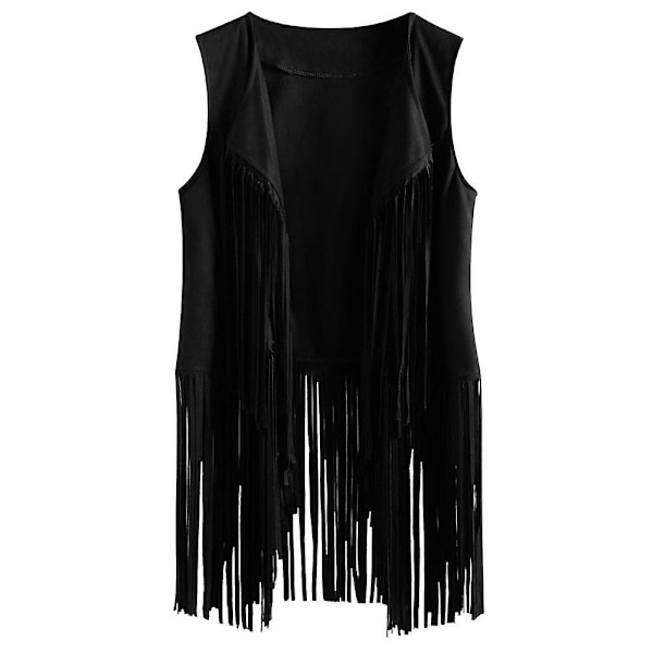 1970s Women's Tassel Sleeveless Vest 70s Retro Hippie Faux Suede Fringe Jacket Cardigan Black