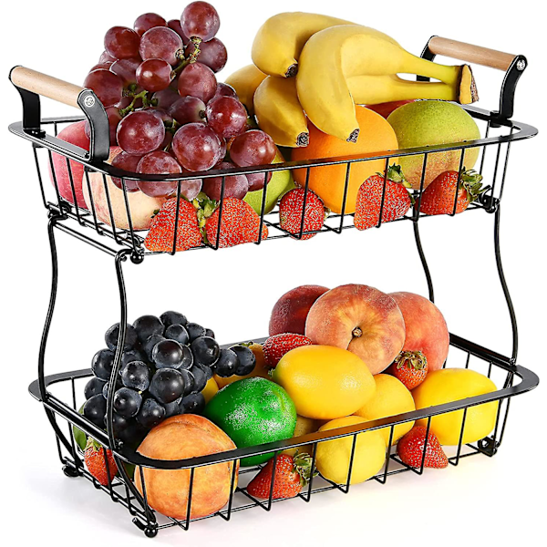 2 Tier Countertop Fruit Basket for Kitchen Vegetable Fruit Basket Bowl Metal Rectangle Holder Fruit Storage Basket Snack Storage Rack Kitchen Organize