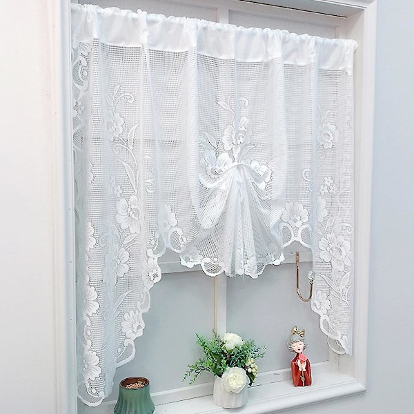 Drapery Tulle Curtain Short Sheer Kitchen Tie Adjustable Curtain (White)