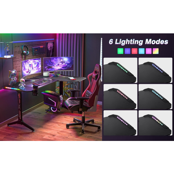 Wisfor datorspelbord, RGB, L Shape hörnskrivbord 160 cm x 100 cm med 6 färger 8 lägen, lätt och hållbar hörlurskrok och mugghållare, höger R