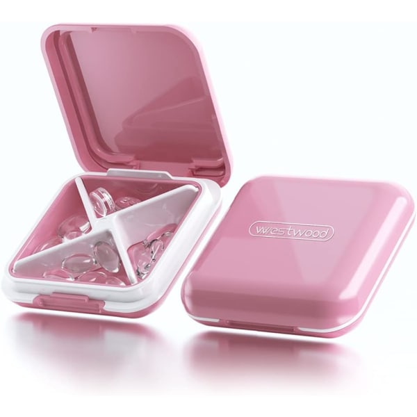 Pill Box, Moisture Proof Small Tablet Box, Portable Tablet Box for Travel, BPA Free Case with 4 Large Compartments (Pink)
