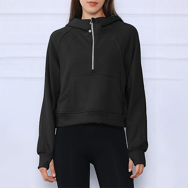 Høst og vinter dame sport halv glidelås yoga kostyme løs kort hettegenser Black Black XL