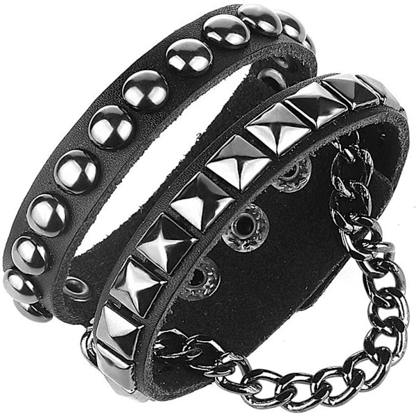 Svart läderarmband med kedja, pyramid och runda nitar