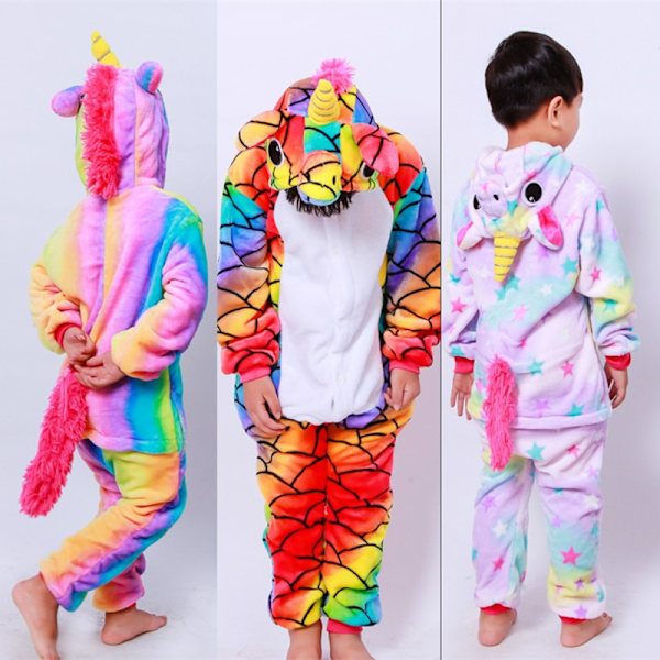 Barn Onesie Flanell Pyjamas Tegneserie Dyr Figur Kostyme med Hettelue Vinter Hjemmekjole for Fest Halloween Ny Regnbue Pegasus rainbow pegasus 110