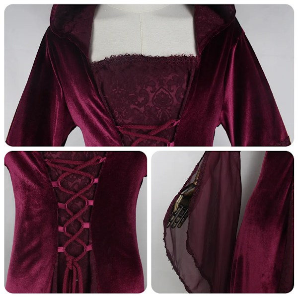 Medeltida retro gotisk huvtröja Häxa lång kjol Lyxig festklänning för kvinnor Cosplay Vampyr Halloween Vuxen kostym vinröd wine red XL