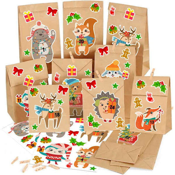 Blank Advent calendar to fill, 24 Kraft paper bags with sticker for Christmas decorations