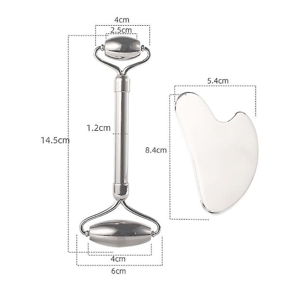 Rull av rustfritt stål for ansikt og Gua Sha-sett, massasjerull for ansiktet, hudpleierull for ansikt, øyne og nakke, lindrer fine linjer og rynker med Tra