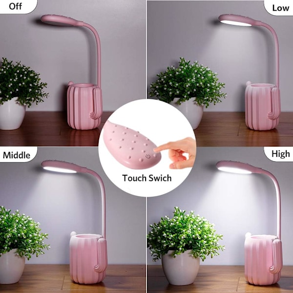 Skrivebordslampe for barn, nattbordslampe med USB dimbar, leselampe 3 lysstyrkenivåer med berøringsknapp og penneholder (rosa) NO:3