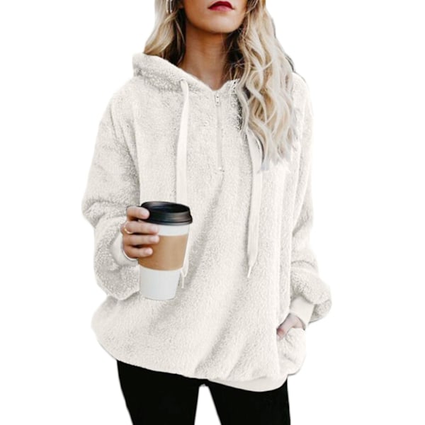 Mjuk och fluffig sweatshirt för kvinnor, höst och vinter, varm dragkedja upp huvtröja pullover med S S White