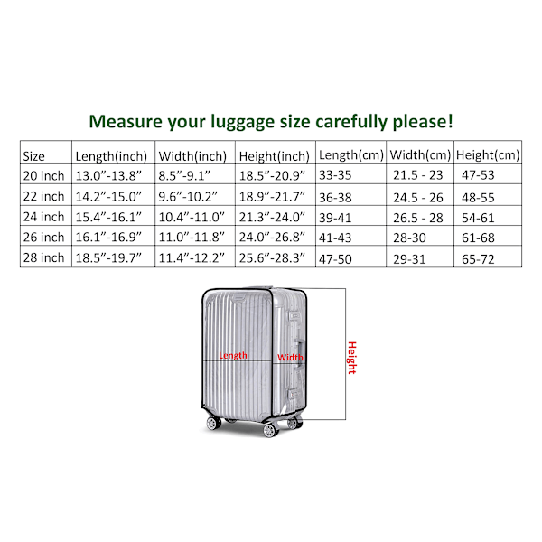 Läpinäkyvä matkalaukun suojus, vedenpitävä PVC-matkalaukun suojus, pöly- ja naarmunkestävä suojakotelo pyörillä varustetulle laukulle, 26 tuumaa