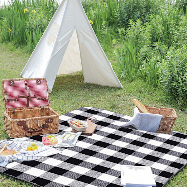 Stor picknick- och utomhusfilt 3 lager vattentät vår sommar svart och vit rutig, för strand och camping på gräs, vattentät sandtät