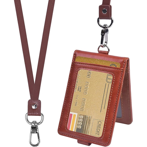 Brown ID Card Badge Holder with Lanyard Vertical Leather ID Badge Holder Student Credit Card Access Protection Holds Up to 5 Cards 1 Pc.