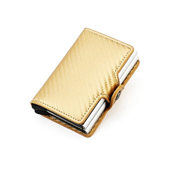 RFID blockerande dubbelbox metall kreditkortshållare för män kvinnor kolfiber läder mini plånbok herr korthållare pengar klämma gold