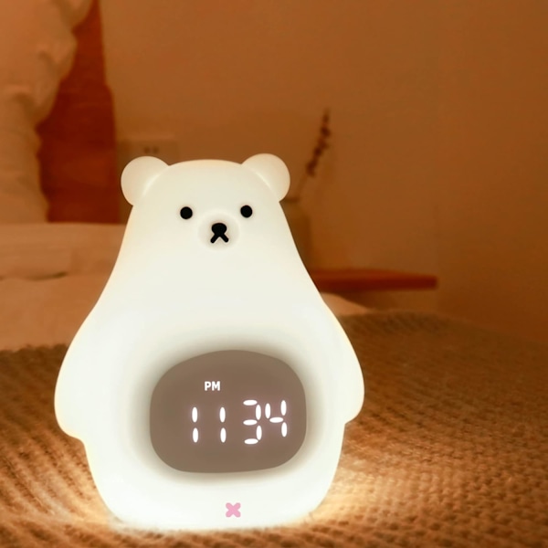 Bear Night Light, Cute Kids Alarm Clock, Soft BPA-free silicone