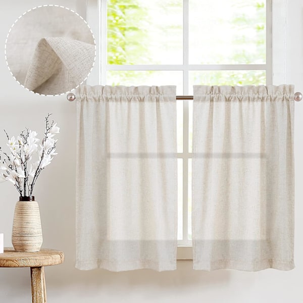 Beige Linen Kitchen Curtains - Farmhouse Cafe Curtains (2 Panels)