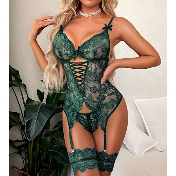 Sexy lingerisett med strømpebånd blonder body XXL