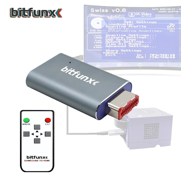 Bitfunx HDMI-yhteensopiva linjan kaksinkertaistaja-adapteri Digitaalinen HDMI:lle GC2HDMI Nintendo Gamecubelle NGC HDMI black