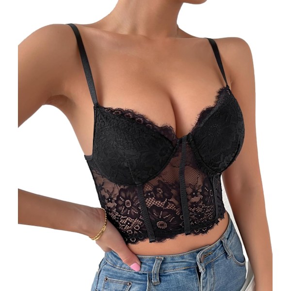 sliibeiiy Kvinners Blonder Bralette Crop Tops Lingerie Bustier Spaghetti Stropp Korsett BH Topp Svart X-Small