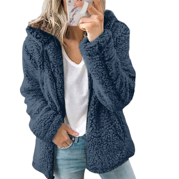 Dame Fleece Fluffy Hætte Langærmet Jakke Vinter Varmt Teddybjørn Cardigan Blå Blue XL