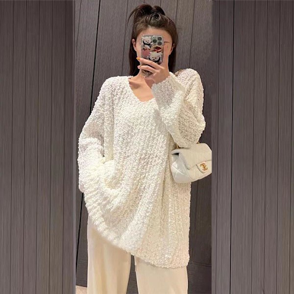 Women Knitted Autumn Winter Sweater Loose Large Version Simple Medium Long Sleeve V-Neck Loose White