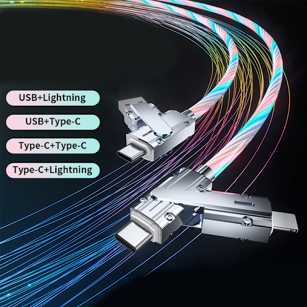 4-i-1 180 graders RGB-strøm lysende USB-ladekabel type C og A1