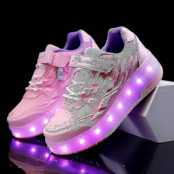 Barn Sneakers Dubbelhjuliga Skor Led Ljusskor Q7-yky Rosa Pink 30