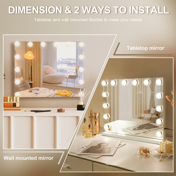 FENCHILIN Hollywood sminkspegel med lampor Bordsskiva väggmonterad 50 x 40 cm Vit stor spegel vit white 50*40CM