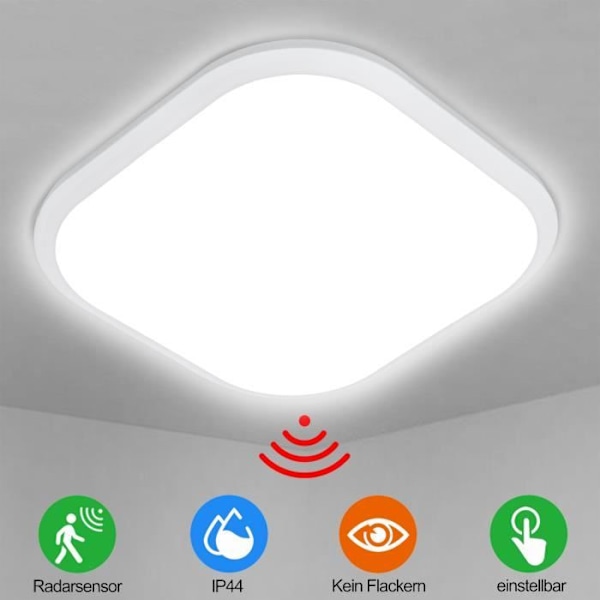 XMTECH LED-taklampa 24W Kall vit IP44, 6000K-6500K, Radarsensor med rörelsesdetektor, För hall, trappa