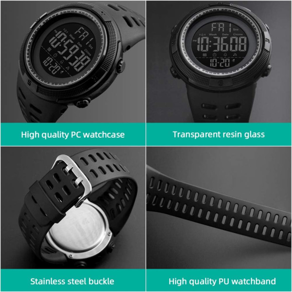 Digital watch för män, vattentät med LED-bakgrundsbelysning