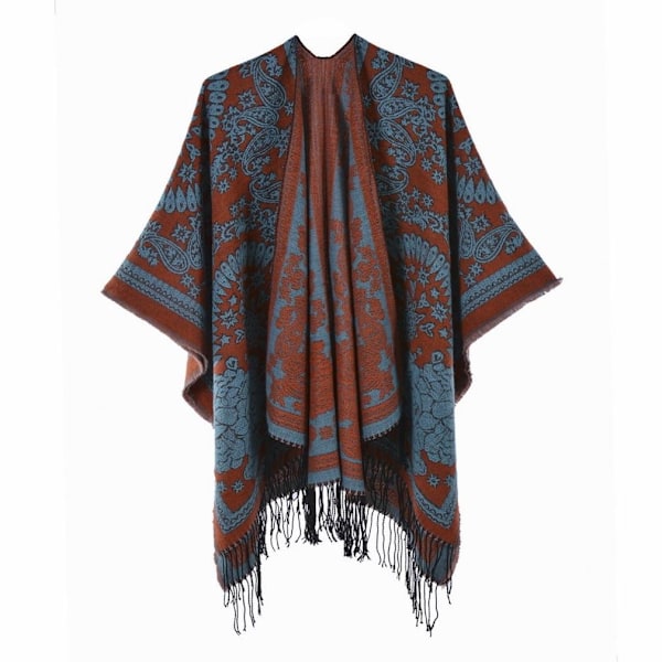 Fransad Fåll Pashmina Sjal Wrap Vinter Varm Etnisk Stil Poncho Öppen Front Cape för Dam