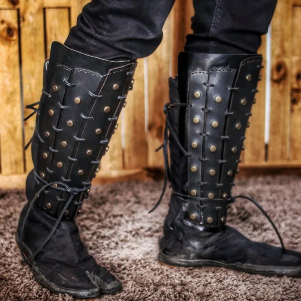 Medeltida Steampunk Samurai Knight Pu Ben Armor Greaves Viking Pirate Shin Guard Fantasy Gaiters Boot Shoes Cover Cosplay Proper bryn brown One Size