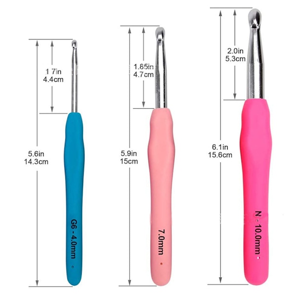 14 størrelser heklenålesett, 2,25 mm (W) - 10 mm (N) Ergonomiske heklenåler med etui for leddgikt, ekstra lange heklenåler