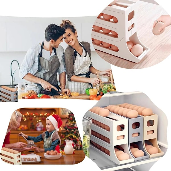 2 stk eggbeholder for kjøleskap, eggdispenser automatisk rullende eggbrett Oppbevaring 30 egg Hvit 1 stk Hvit White 1PCS