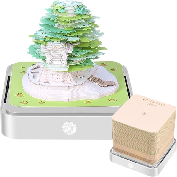 3D Calendar with LED Lights 2024 Memo Pad Art Calendar Earth Tree House Memo Pad Paper Carving Art for Home Office Desk Decoration Christmas Gift